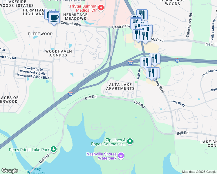 map of restaurants, bars, coffee shops, grocery stores, and more near 3940 Bell Road in Nashville