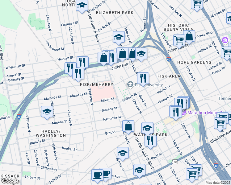 map of restaurants, bars, coffee shops, grocery stores, and more near 1005 Dr D.B. Todd Jr Blvd in Nashville