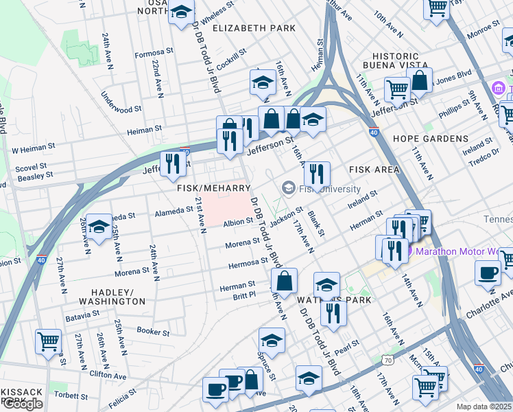 map of restaurants, bars, coffee shops, grocery stores, and more near 1005 Doctor DB Todd Junior Boulevard in Nashville