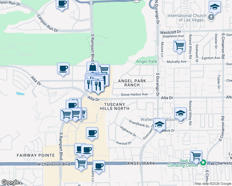 map of restaurants, bars, coffee shops, grocery stores, and more near 8640 Stone Harbor Avenue in Las Vegas