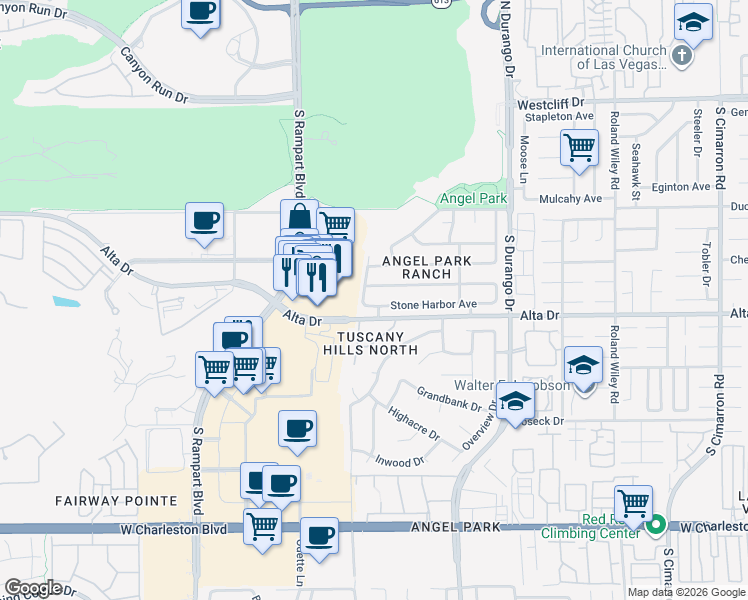map of restaurants, bars, coffee shops, grocery stores, and more near 8640 Stone Harbor Avenue in Las Vegas