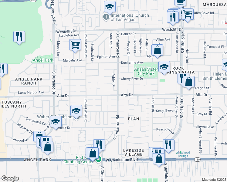 map of restaurants, bars, coffee shops, grocery stores, and more near Spur Court in Las Vegas
