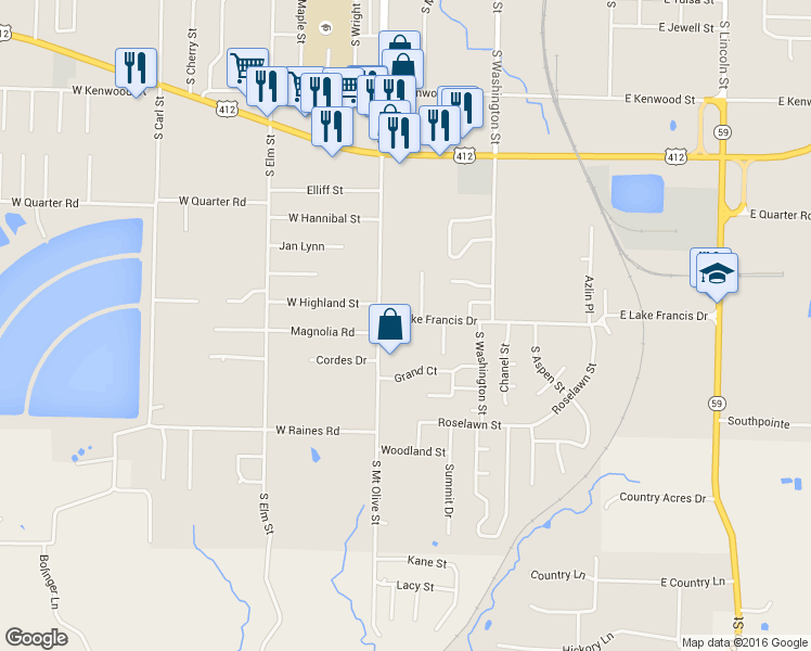 map of restaurants, bars, coffee shops, grocery stores, and more near 214 East Lake Francis Drive in Siloam Springs