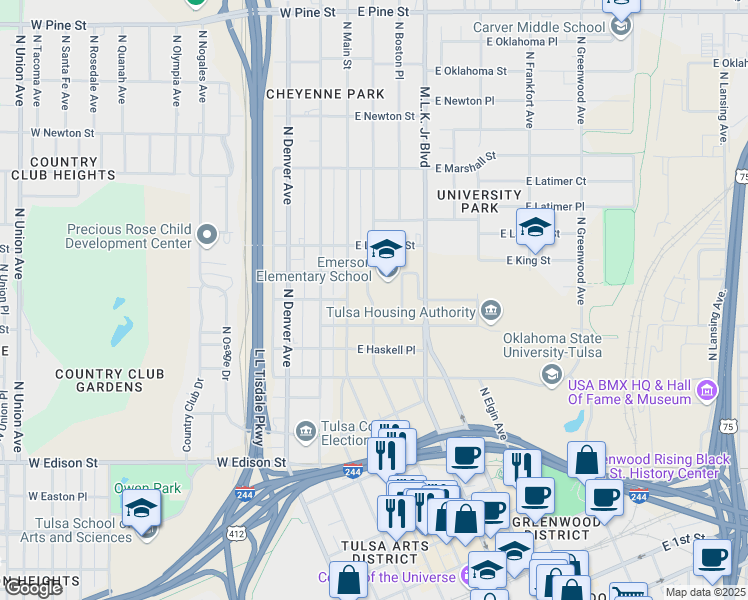 map of restaurants, bars, coffee shops, grocery stores, and more near 909 North Boston Avenue in Tulsa