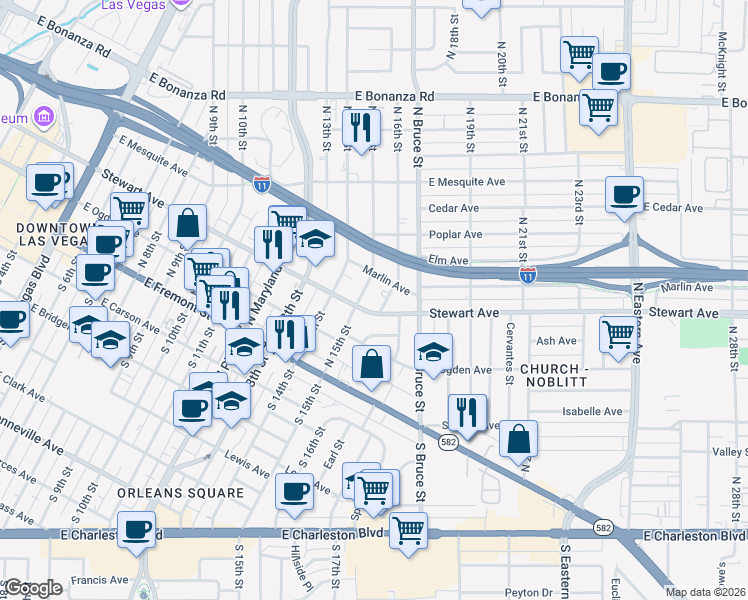 map of restaurants, bars, coffee shops, grocery stores, and more near 309 North 16th Street in Las Vegas