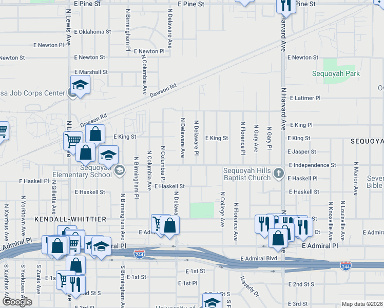 map of restaurants, bars, coffee shops, grocery stores, and more near 807 North Delaware Place in Tulsa