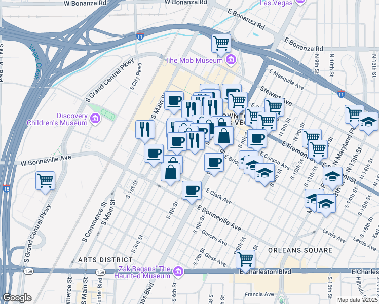 map of restaurants, bars, coffee shops, grocery stores, and more near 365 Lewis Avenue in Las Vegas