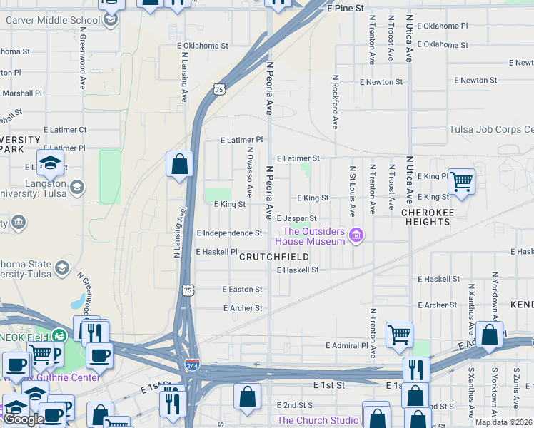 map of restaurants, bars, coffee shops, grocery stores, and more near 812 North Peoria Avenue in Tulsa