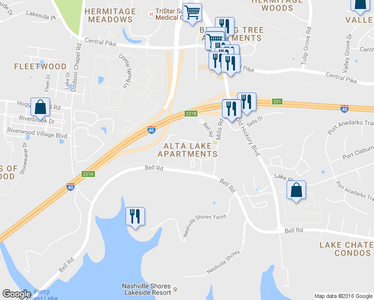 map of restaurants, bars, coffee shops, grocery stores, and more near 3960 Bell Road in Nashville