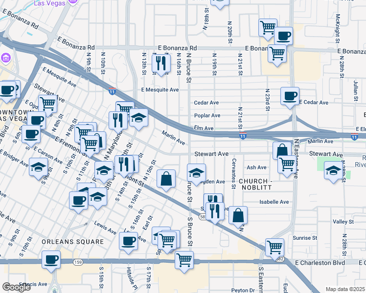 map of restaurants, bars, coffee shops, grocery stores, and more near 250 North Bruce Street in Las Vegas