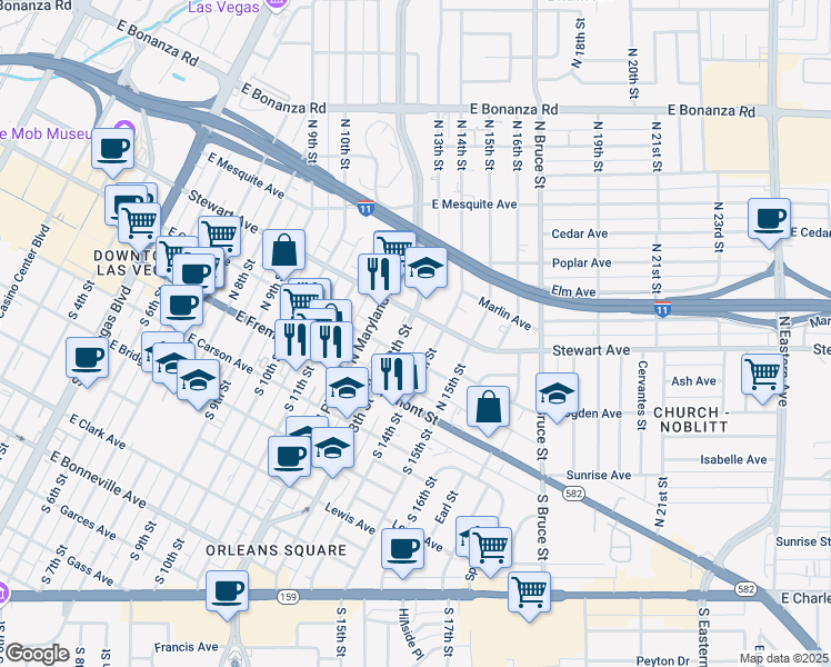 map of restaurants, bars, coffee shops, grocery stores, and more near 211 North 14th Street in Las Vegas