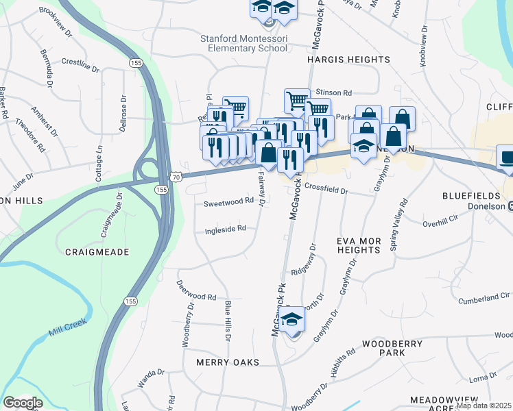 map of restaurants, bars, coffee shops, grocery stores, and more near 213 Fairway Drive in Nashville