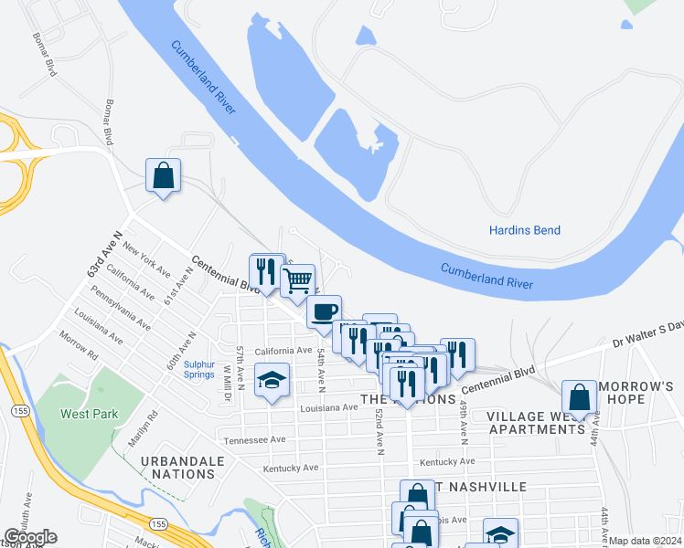 map of restaurants, bars, coffee shops, grocery stores, and more near 1441 51st Avenue North in Nashville