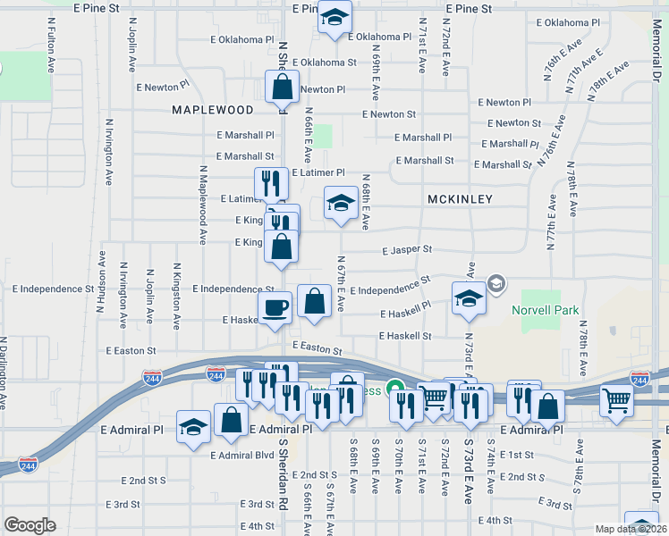 map of restaurants, bars, coffee shops, grocery stores, and more near 6533 East Independence Street in Tulsa