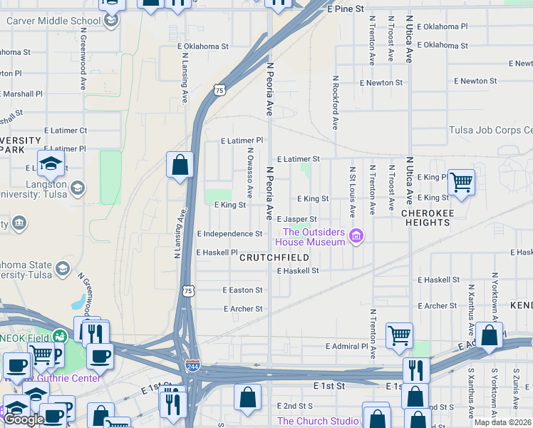 map of restaurants, bars, coffee shops, grocery stores, and more near 812 North Peoria Avenue in Tulsa