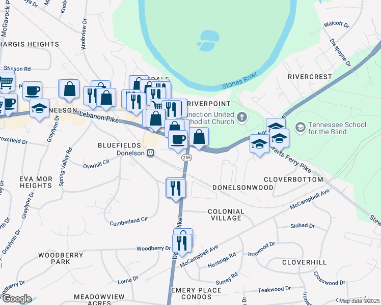 map of restaurants, bars, coffee shops, grocery stores, and more near 107 Donelson Pike in Nashville