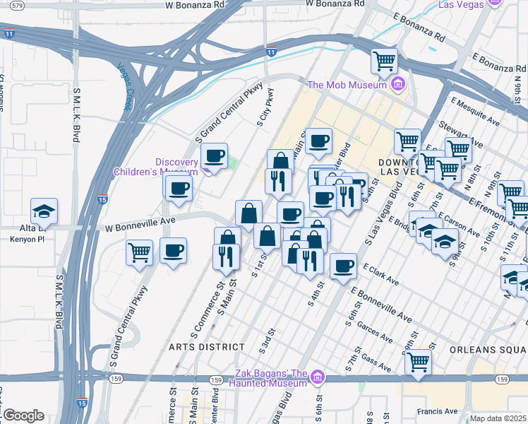 map of restaurants, bars, coffee shops, grocery stores, and more near S Main St & E Clark Ave in Las Vegas