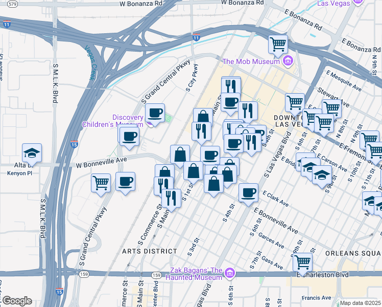 map of restaurants, bars, coffee shops, grocery stores, and more near S Main St & E Clark Ave in Las Vegas