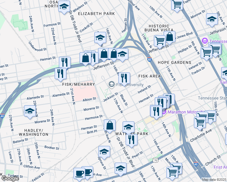map of restaurants, bars, coffee shops, grocery stores, and more near 1000 17th Avenue North in Nashville