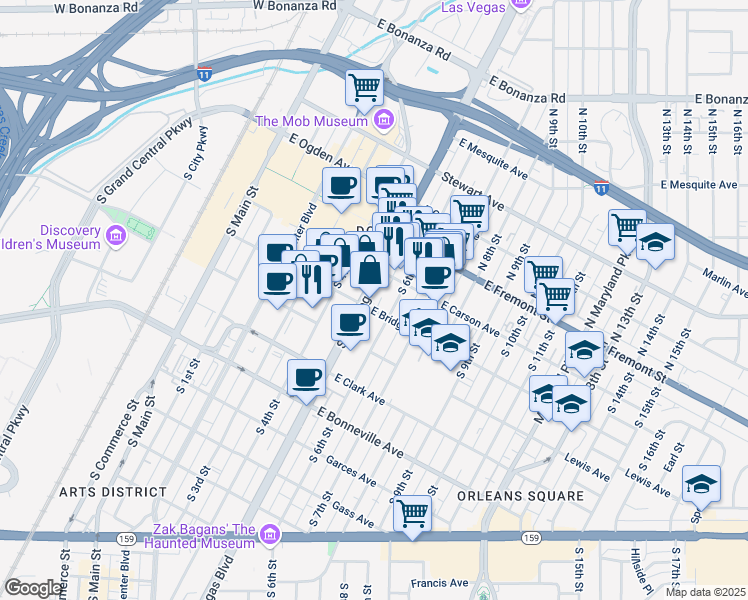 map of restaurants, bars, coffee shops, grocery stores, and more near 514 East Bridger Avenue in Las Vegas