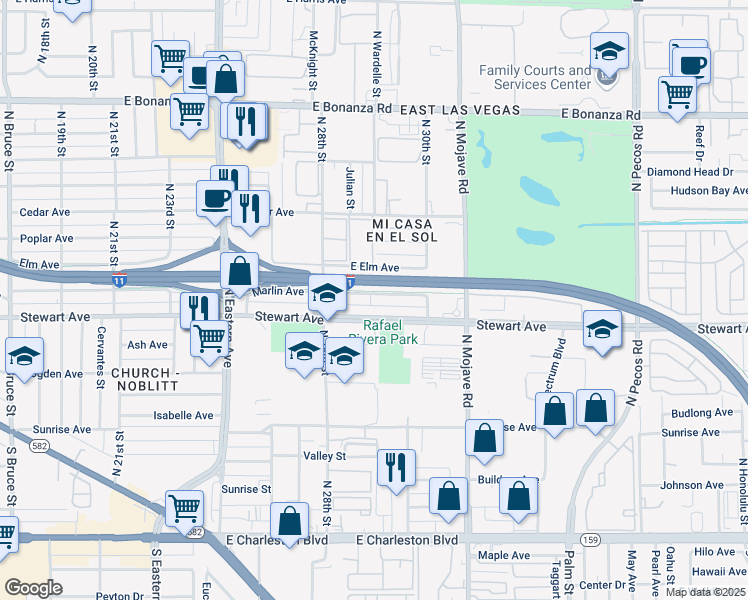 map of restaurants, bars, coffee shops, grocery stores, and more near 2900 Marlin Avenue in Las Vegas