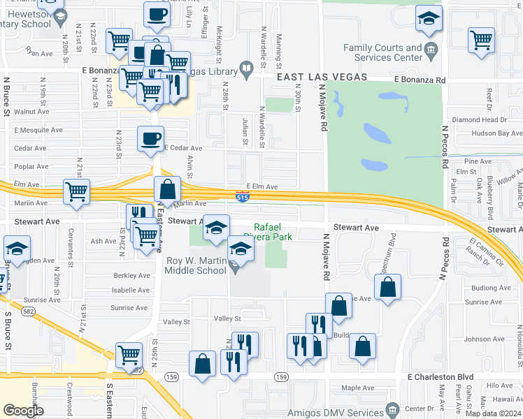 map of restaurants, bars, coffee shops, grocery stores, and more near 2825 Stewart Avenue in Las Vegas