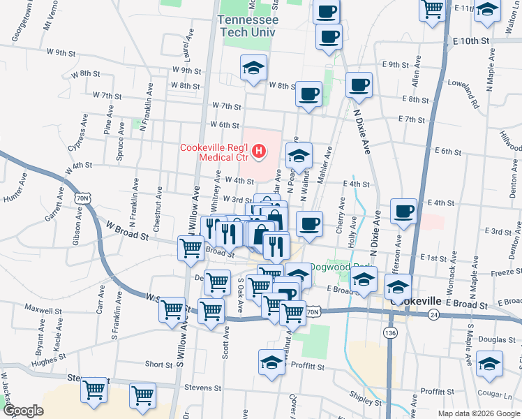 map of restaurants, bars, coffee shops, grocery stores, and more near 135 West 2nd Street in Cookeville