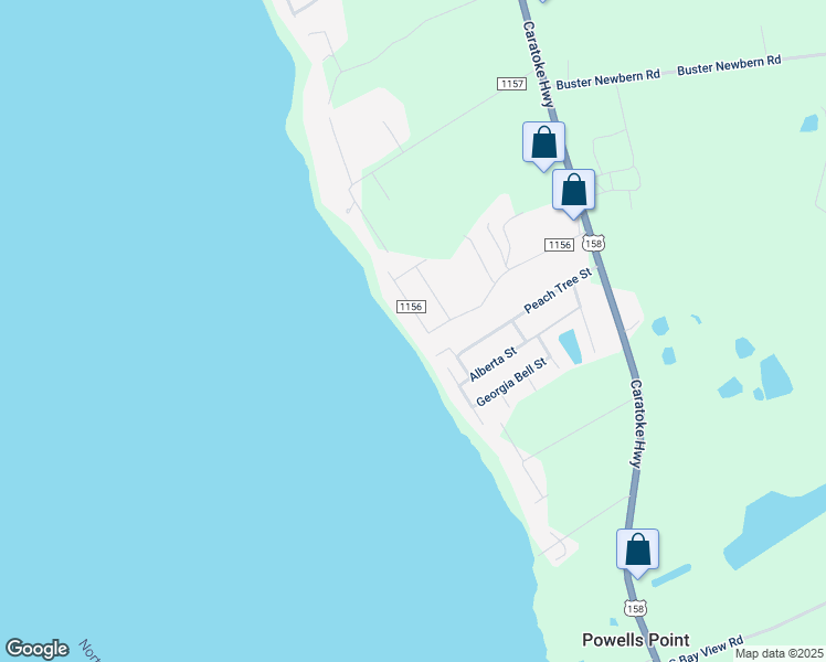 map of restaurants, bars, coffee shops, grocery stores, and more near 118 Shore Drive in Jarvisburg