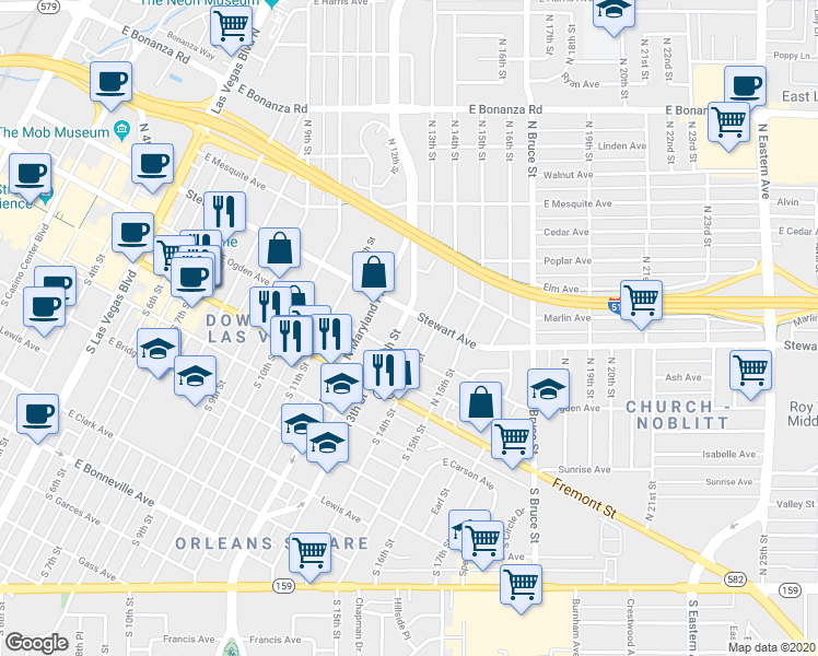 map of restaurants, bars, coffee shops, grocery stores, and more near 220 North 13th Street in Las Vegas