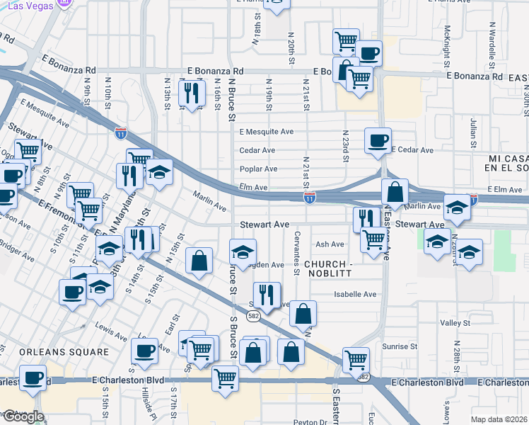 map of restaurants, bars, coffee shops, grocery stores, and more near 1813 Stewart Avenue in Las Vegas