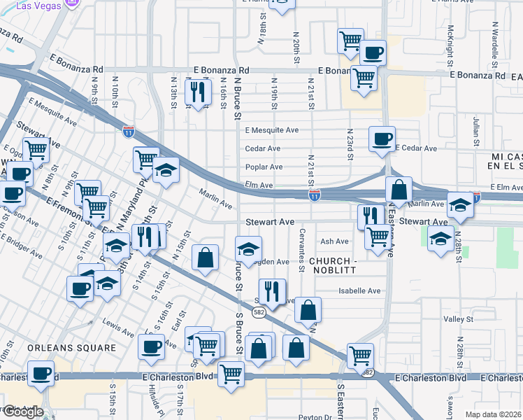 map of restaurants, bars, coffee shops, grocery stores, and more near 1813 Stewart Avenue in Las Vegas
