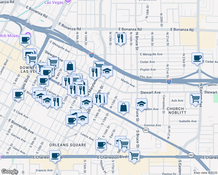 map of restaurants, bars, coffee shops, grocery stores, and more near 211 North 14th Street in Las Vegas