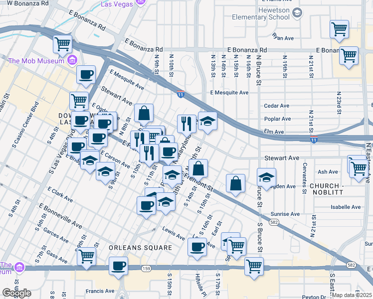 map of restaurants, bars, coffee shops, grocery stores, and more near 201 North 13th Street in Las Vegas
