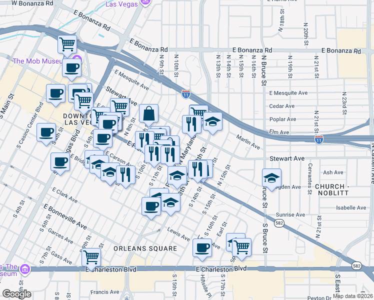 map of restaurants, bars, coffee shops, grocery stores, and more near 114 North Maryland Parkway in Las Vegas