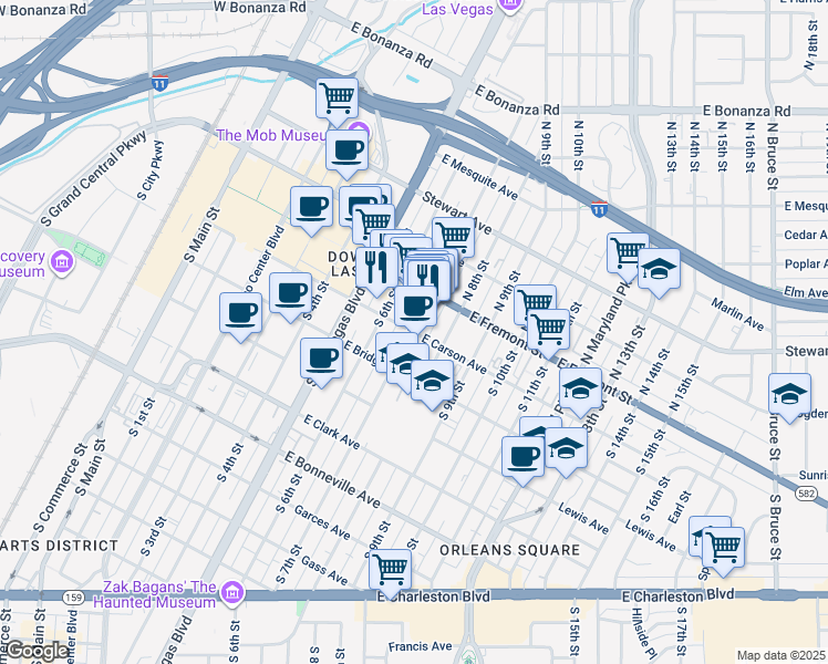 map of restaurants, bars, coffee shops, grocery stores, and more near 305 Carson Avenue in Las Vegas