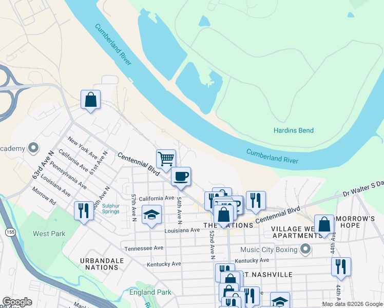 map of restaurants, bars, coffee shops, grocery stores, and more near 1441 51st Avenue North in Nashville