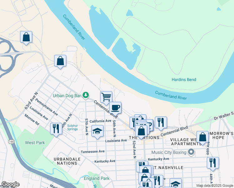 map of restaurants, bars, coffee shops, grocery stores, and more near 1623 54th Avenue North in Nashville