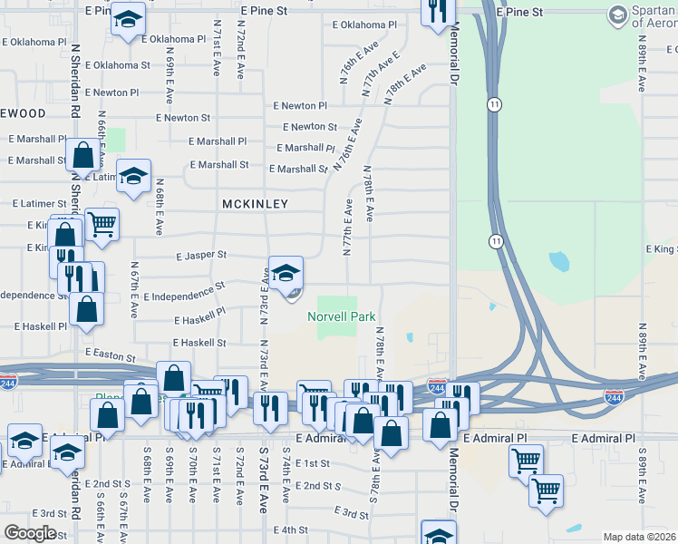 map of restaurants, bars, coffee shops, grocery stores, and more near 7380 East Independence Street in Tulsa