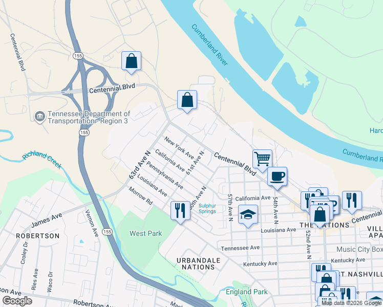 map of restaurants, bars, coffee shops, grocery stores, and more near 6105C New York Avenue in Nashville