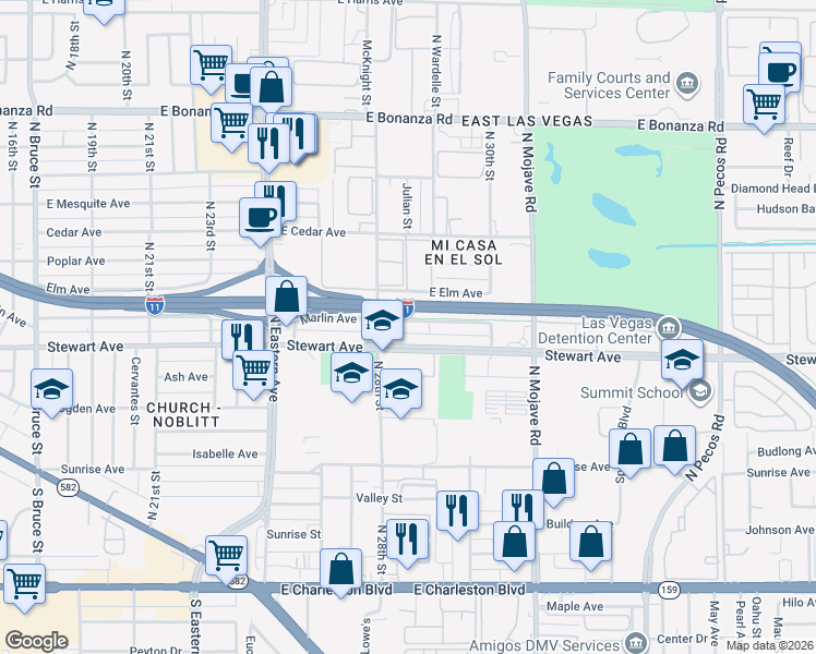 map of restaurants, bars, coffee shops, grocery stores, and more near 2825 Stewart Avenue in Las Vegas