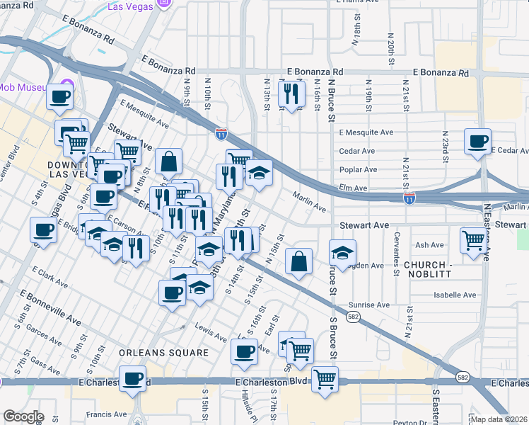 map of restaurants, bars, coffee shops, grocery stores, and more near 231 North 14th Street in Las Vegas