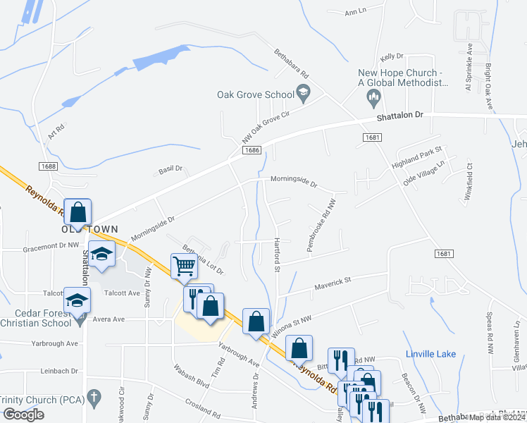 map of restaurants, bars, coffee shops, grocery stores, and more near 3862 Hartford Street in Winston-Salem