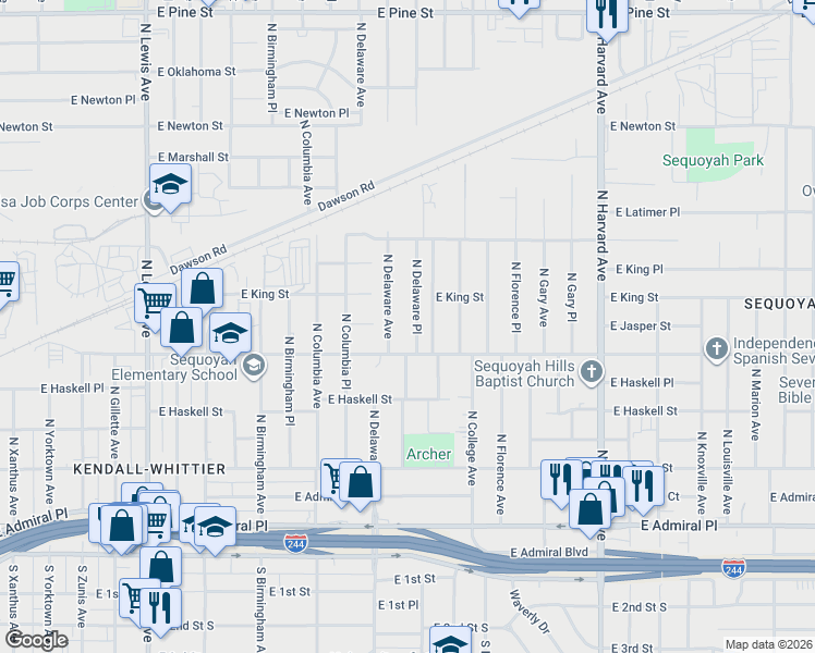 map of restaurants, bars, coffee shops, grocery stores, and more near 807 North Delaware Place in Tulsa