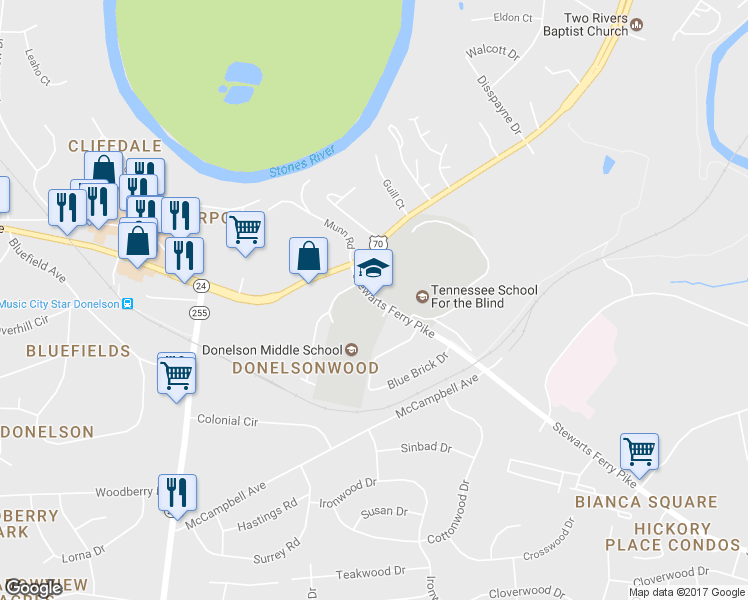 map of restaurants, bars, coffee shops, grocery stores, and more near 116 Stewarts Ferry Pike in Nashville