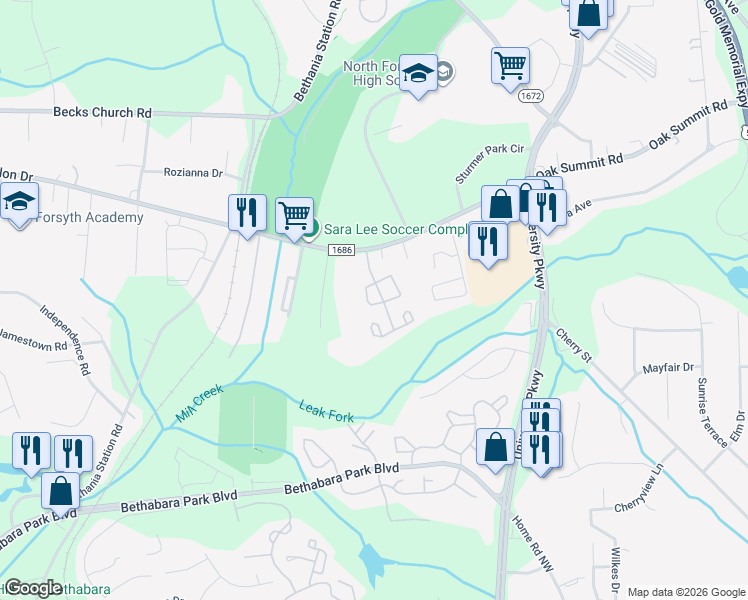 map of restaurants, bars, coffee shops, grocery stores, and more near 5300 Countryside Court in Winston-Salem