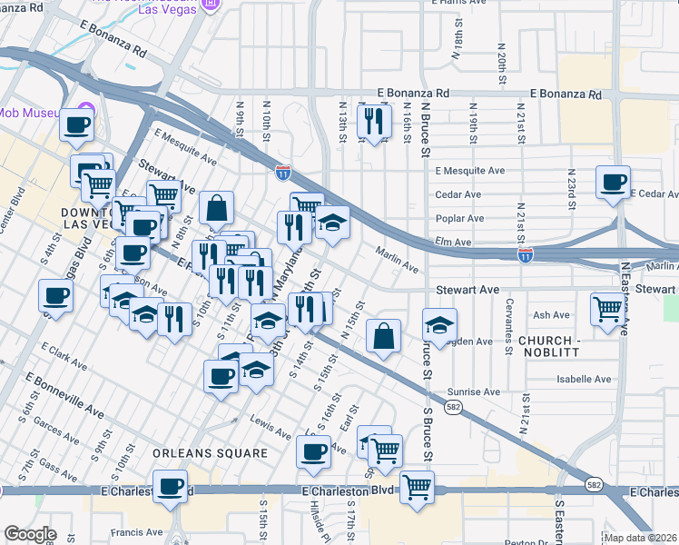 map of restaurants, bars, coffee shops, grocery stores, and more near 1308 Stewart Ave in Las Vegas