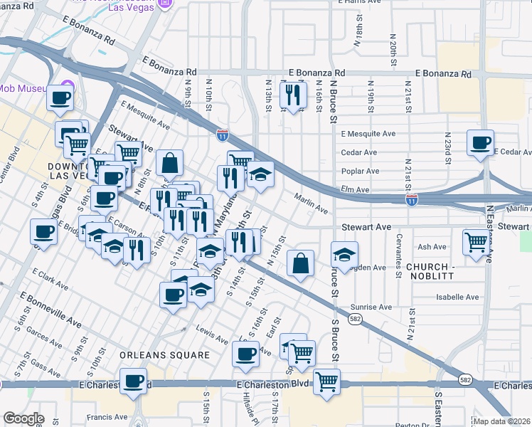 map of restaurants, bars, coffee shops, grocery stores, and more near 231 North 14th Street in Las Vegas