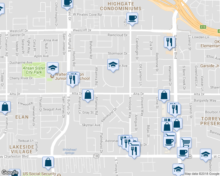 map of restaurants, bars, coffee shops, grocery stores, and more near 7111 Pinelake Road in Las Vegas