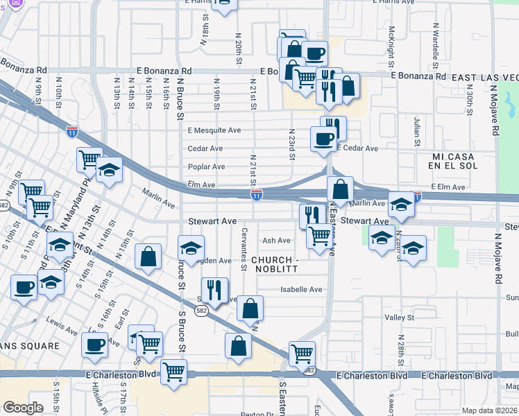 map of restaurants, bars, coffee shops, grocery stores, and more near 2106 Marlin Avenue in Las Vegas