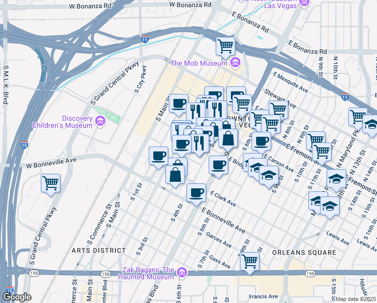 map of restaurants, bars, coffee shops, grocery stores, and more near 365 Lewis Avenue in Las Vegas
